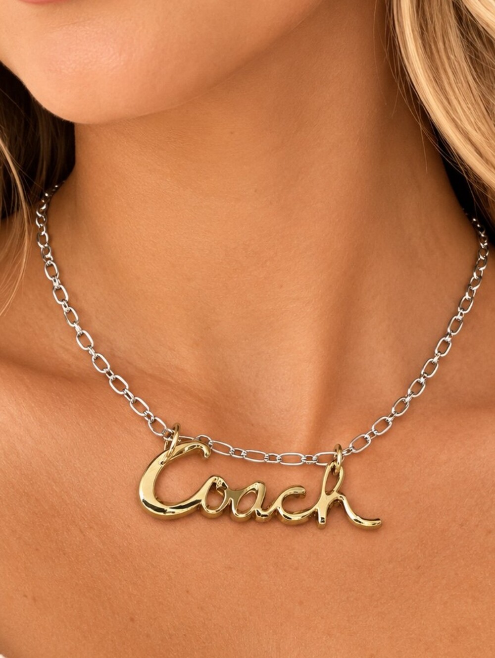Coach Poppy Cursive Logo Nameplate Acrylic Gold Pendant On Silver Chain Necklace - Picture 2 of 8